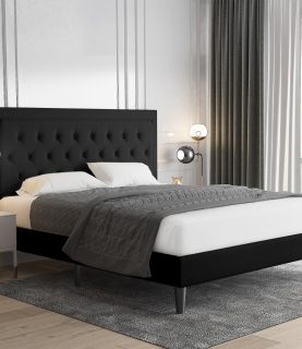 Allewie Full Size Upholstered Platform Bed Frame with Adjustable Headboard, Button Tufted, Wood Slat Support, Easy Assembly, Black