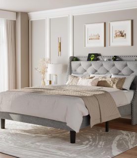 Feonase Queen Bed Frame with Luxury Wingback Upholstered Button Tufted Storage Headboard, Queen Platform Bed with Charging Station, Sturdy Wooden Slats Support, Noise-Free, Easy Assembly, Light Gray
