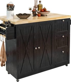 IRONCK Rolling Kitchen Island Cart with Drop-Leaf Countertop, Barn 3Drawers, Barn Door Style Cabine,Thicker Rubberwood Top, Spice Rack, on Wheels, for Kitchen and Dining Room, Black