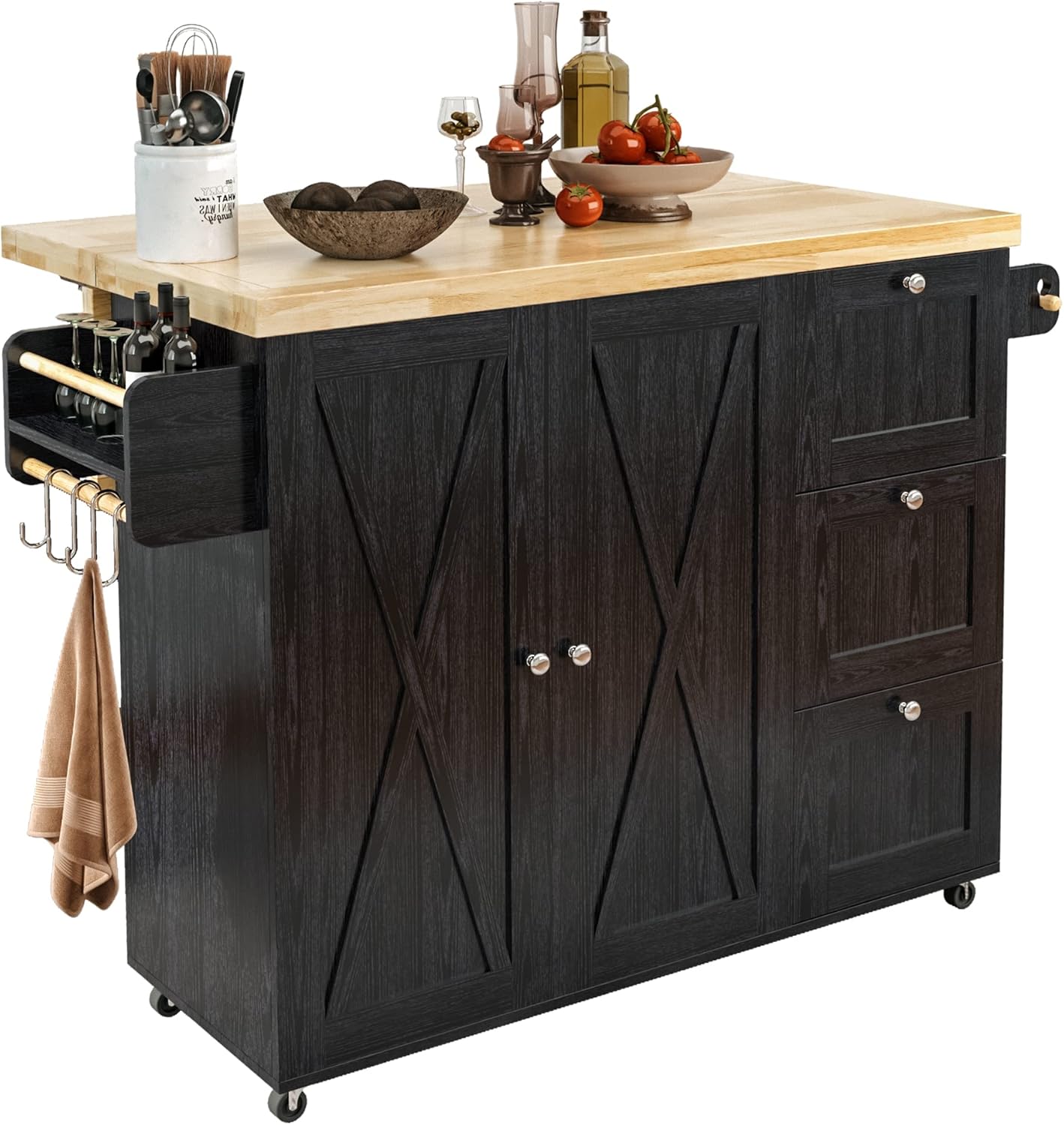 IRONCK Rolling Kitchen Island Cart with Drop-Leaf Countertop, Barn 3Drawers, Barn Door Style Cabine,Thicker Rubberwood Top, Spice Rack, on Wheels, for Kitchen and Dining Room, Black