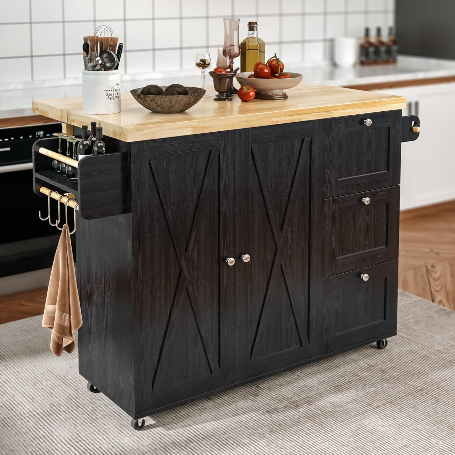 IRONCK Rolling Kitchen Island Cart with Drop-Leaf Countertop, Barn 3Drawers, Barn Door Style Cabine,Thicker Rubberwood Top, Spice Rack, on Wheels, for Kitchen and Dining Room, Black - Image 2