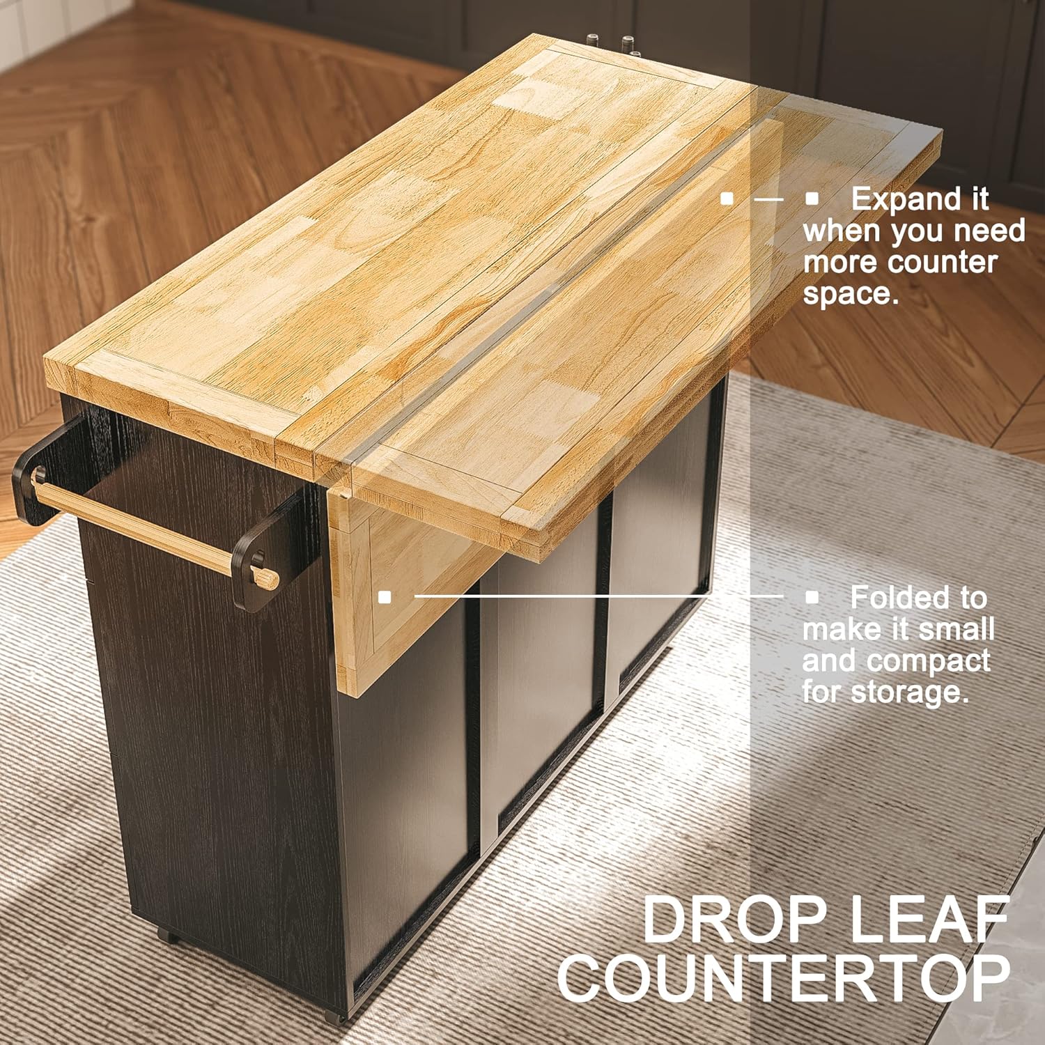 IRONCK Rolling Kitchen Island Cart with Drop-Leaf Countertop, Barn 3Drawers, Barn Door Style Cabine,Thicker Rubberwood Top, Spice Rack, on Wheels, for Kitchen and Dining Room, Black - Image 3