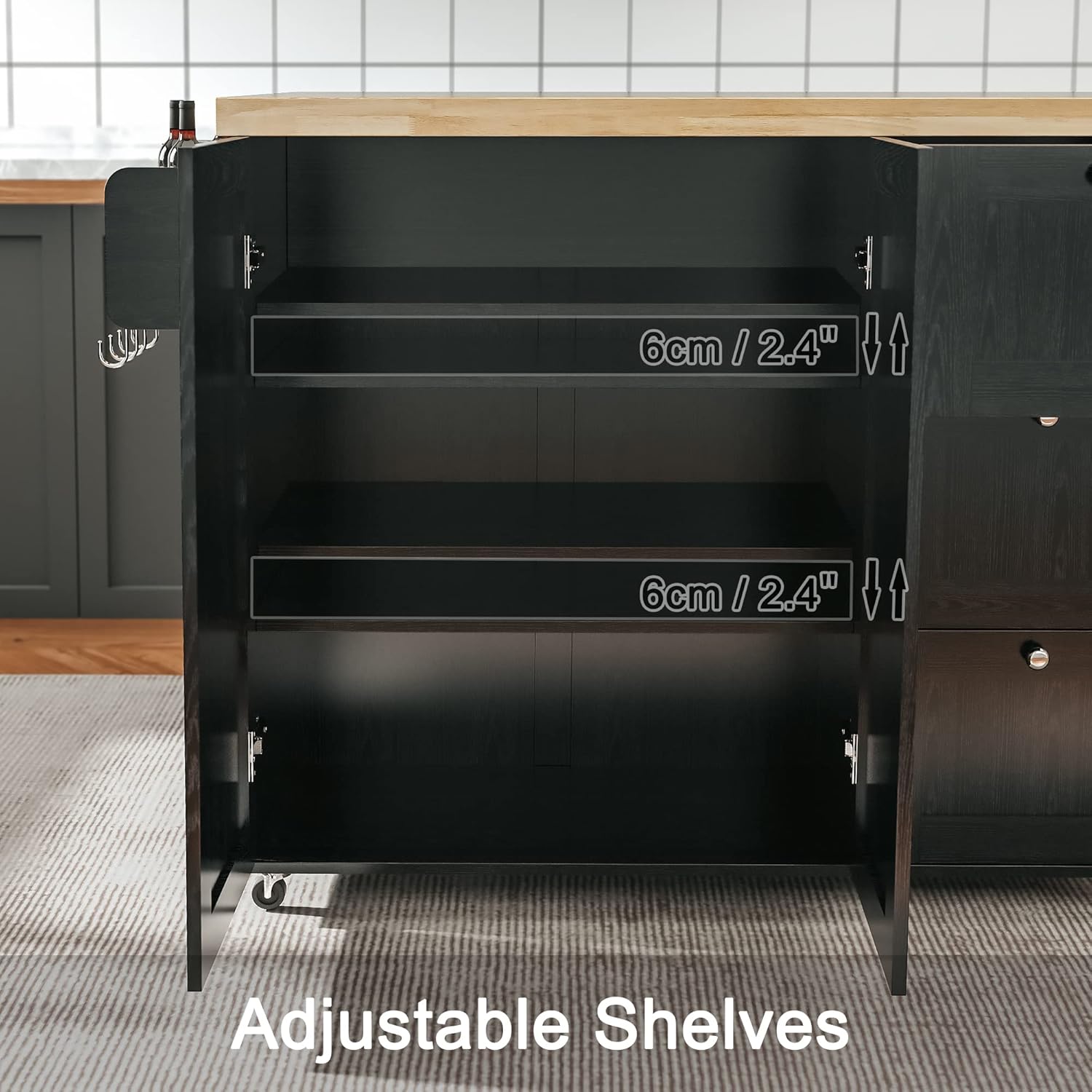 IRONCK Rolling Kitchen Island Cart with Drop-Leaf Countertop, Barn 3Drawers, Barn Door Style Cabine,Thicker Rubberwood Top, Spice Rack, on Wheels, for Kitchen and Dining Room, Black - Image 4