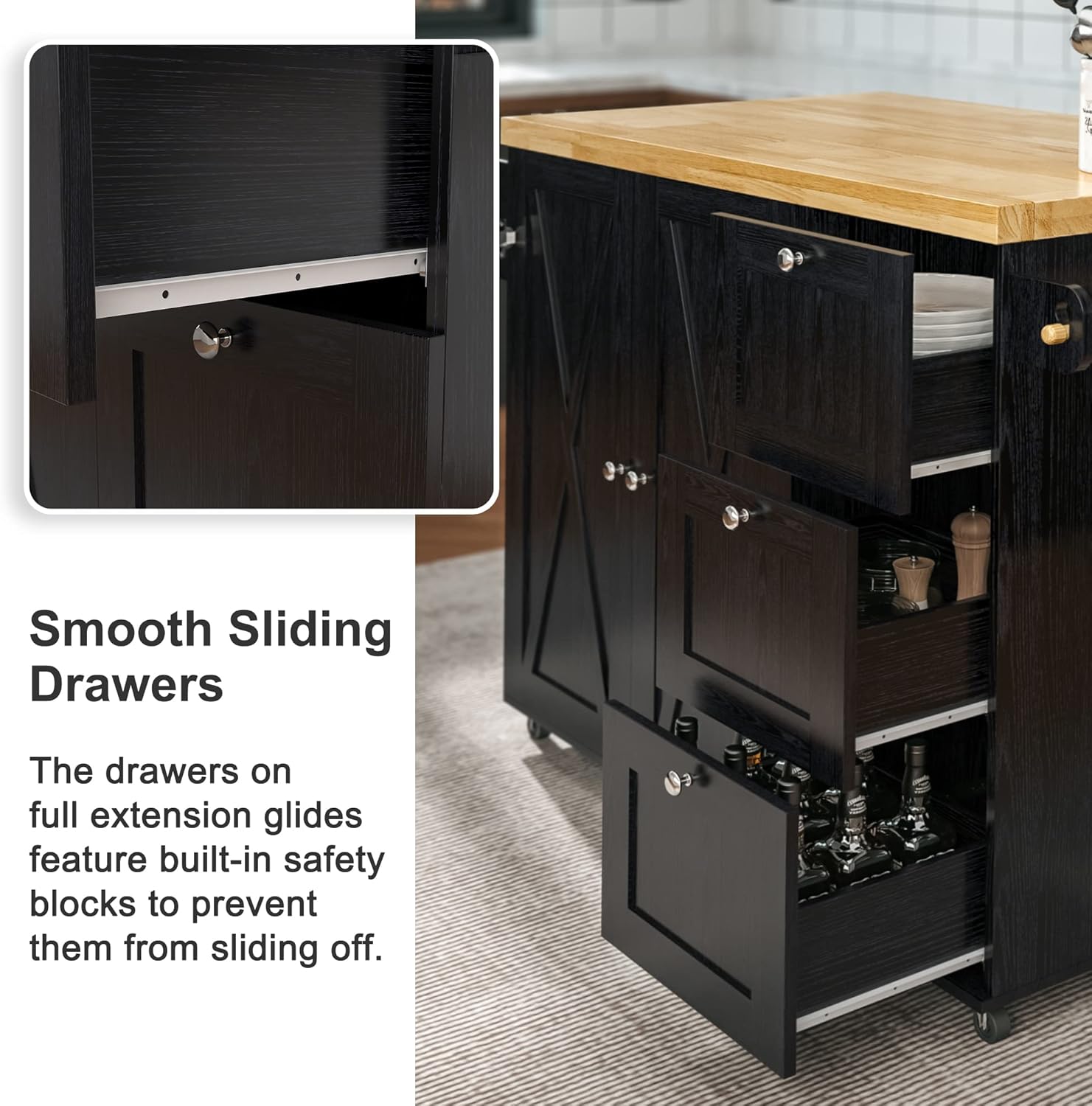 IRONCK Rolling Kitchen Island Cart with Drop-Leaf Countertop, Barn 3Drawers, Barn Door Style Cabine,Thicker Rubberwood Top, Spice Rack, on Wheels, for Kitchen and Dining Room, Black - Image 5