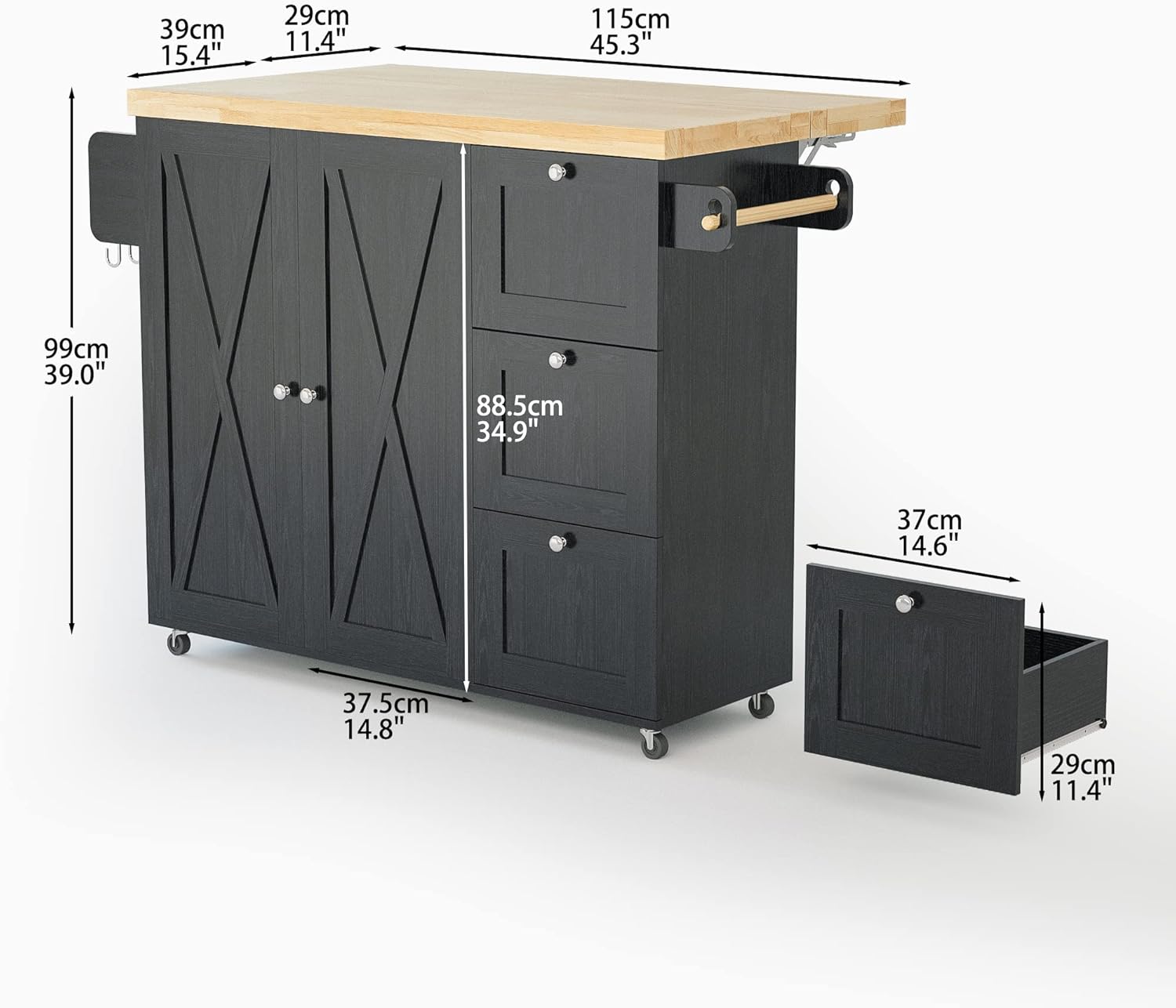 IRONCK Rolling Kitchen Island Cart with Drop-Leaf Countertop, Barn 3Drawers, Barn Door Style Cabine,Thicker Rubberwood Top, Spice Rack, on Wheels, for Kitchen and Dining Room, Black - Image 7