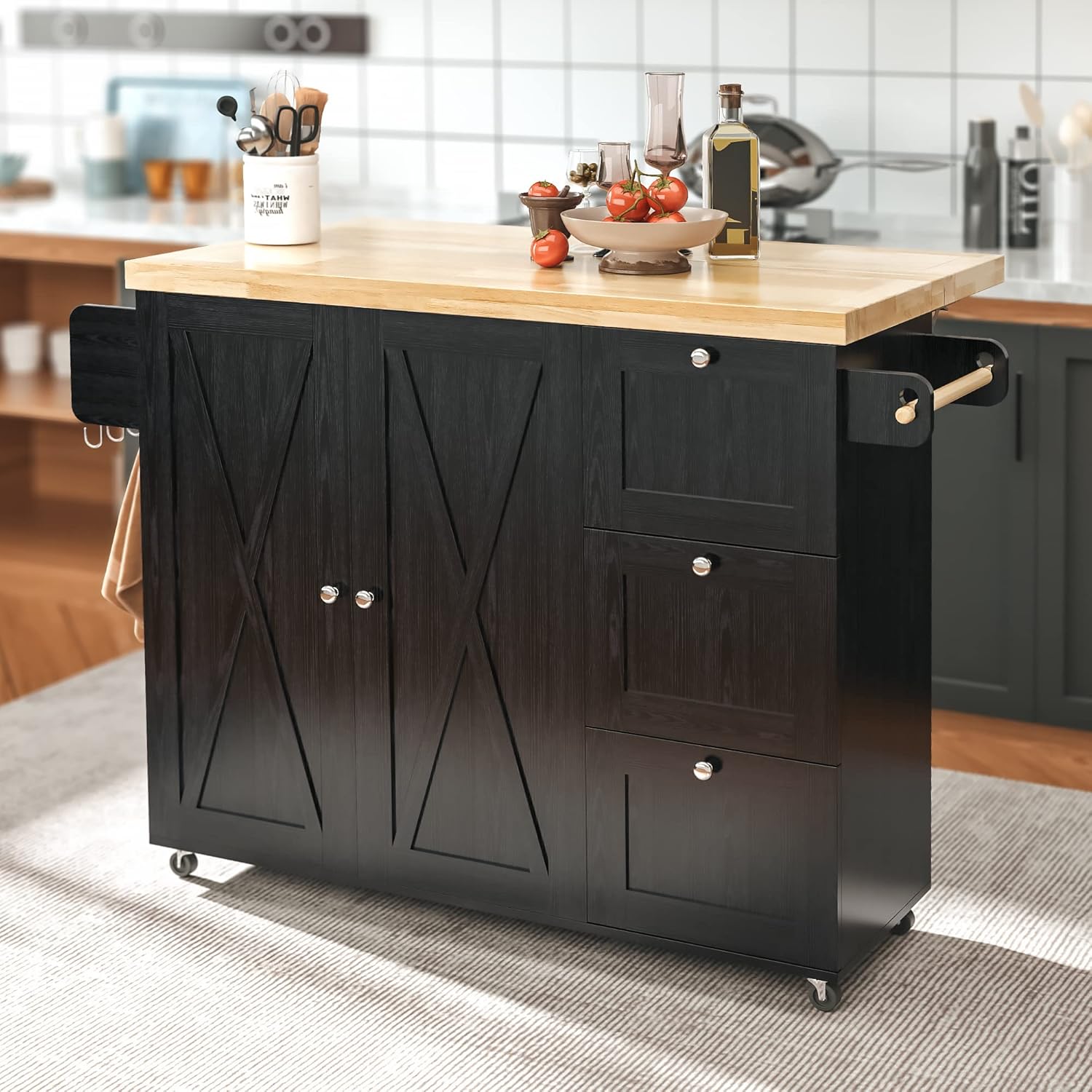 IRONCK Rolling Kitchen Island Cart with Drop-Leaf Countertop, Barn 3Drawers, Barn Door Style Cabine,Thicker Rubberwood Top, Spice Rack, on Wheels, for Kitchen and Dining Room, Black - Image 9