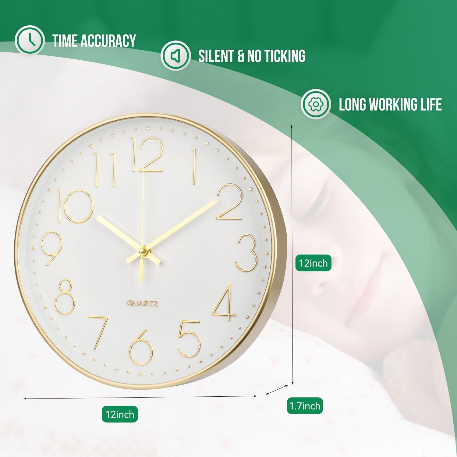 Wall Clock 12 Inch Non-Ticking Silent Modern Simple Style Round Decor Clock Gold Stereoscopic Dial Quartz Wall Clocks for Home/Office/School/Living Room/Bedroom/Kitchen - Image 3