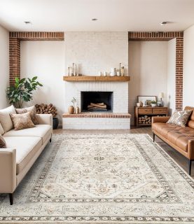 Washable Area Rug 9x12 - Bedroom Living Room Large Indoor Rugs Soft Oriental Vintage Rugs Non-Slip Backing Stain Resistant for Farmhouse Kitchen (9x12 Ivory/Multi)