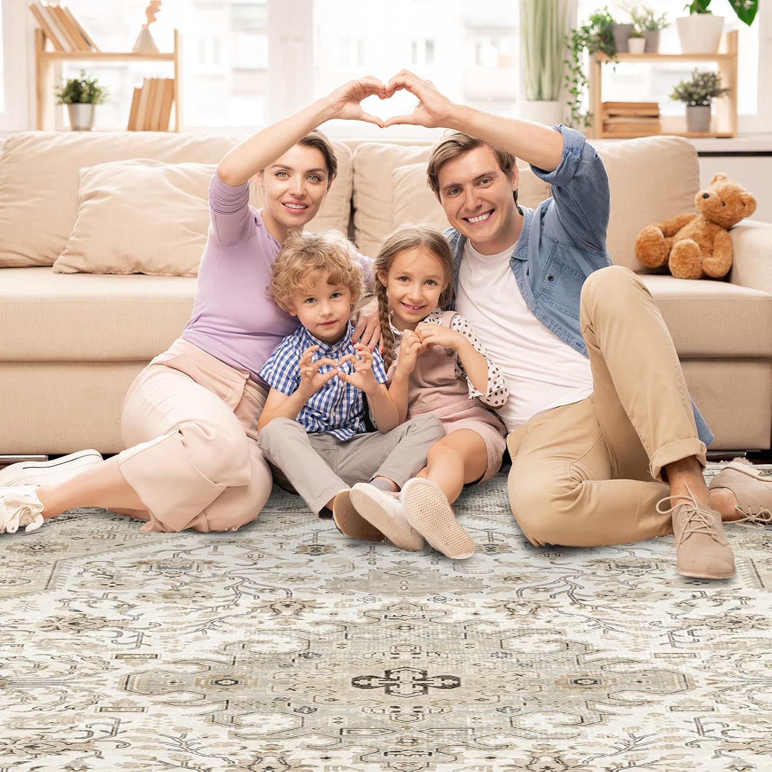 Washable Area Rug 9x12 - Bedroom Living Room Large Indoor Rugs Soft Oriental Vintage Rugs Non-Slip Backing Stain Resistant for Farmhouse Kitchen (9x12 Ivory/Multi) - Image 5