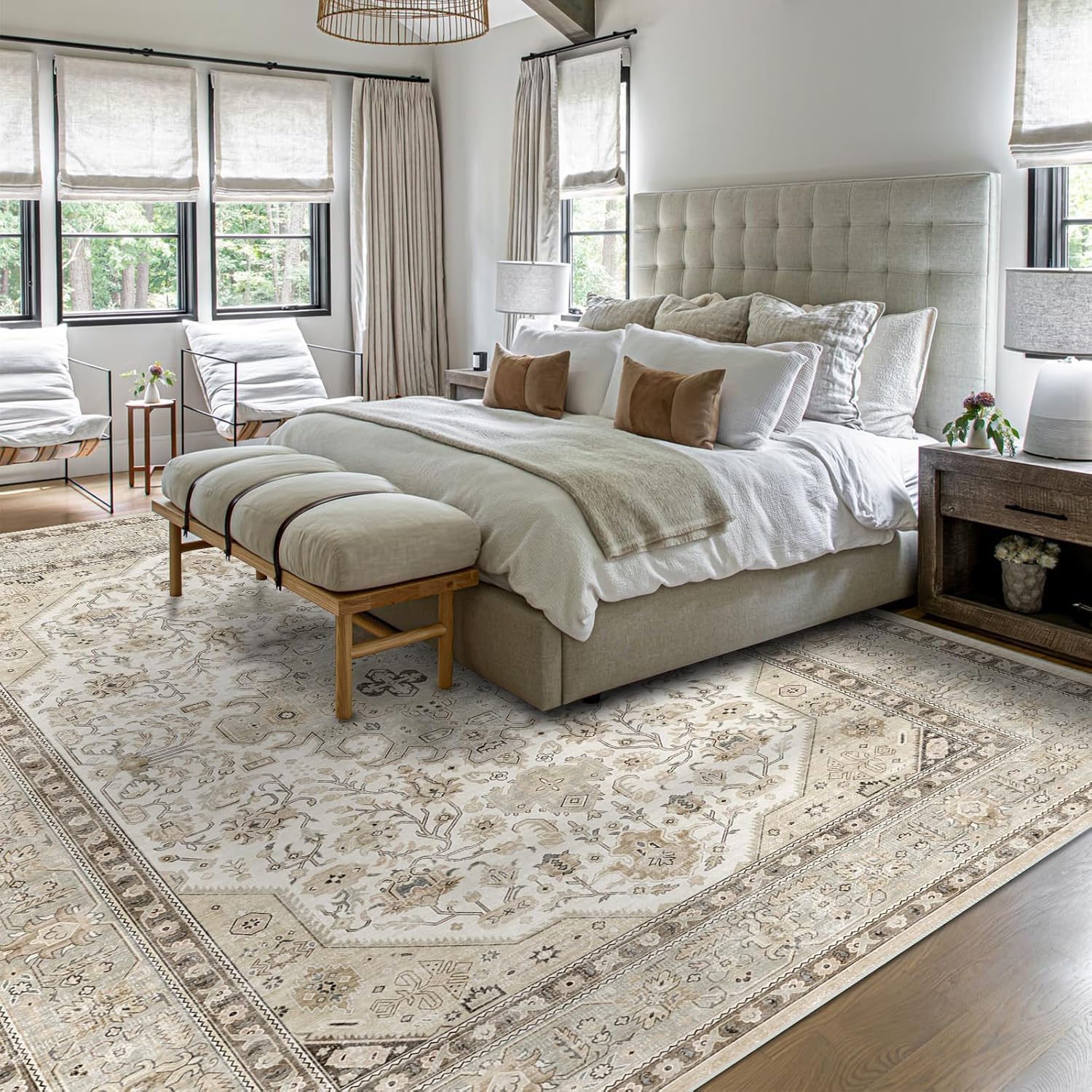 Washable Area Rug 9x12 - Bedroom Living Room Large Indoor Rugs Soft Oriental Vintage Rugs Non-Slip Backing Stain Resistant for Farmhouse Kitchen (9x12 Ivory/Multi) - Image 6