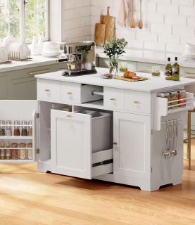 YITAHOME Kitchen Island with Drop Leaf, 59 Inch Large Mobile Storage Islands with Power Outlet, Double Tilt Out Trash Can Storage Cabinet, Hidden 10 Gallon Garbage Bin Storage, White